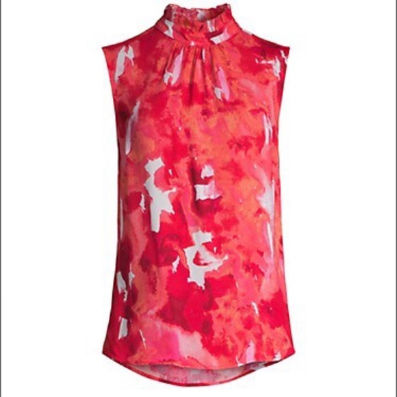 ✨HP✨NWT Donna Karan sleeveless top w/ ruffled mock neck, L, red and white floral - Picture 10 of 11